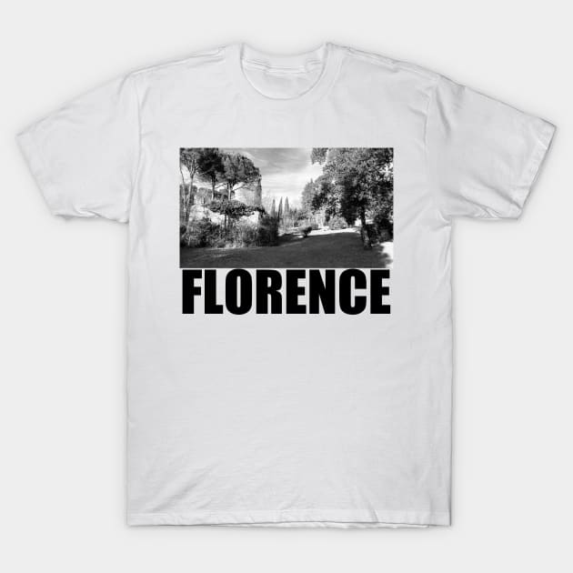 Florence Black and White Photography Travel Landscape (black text) T-Shirt by MasterpieceArt